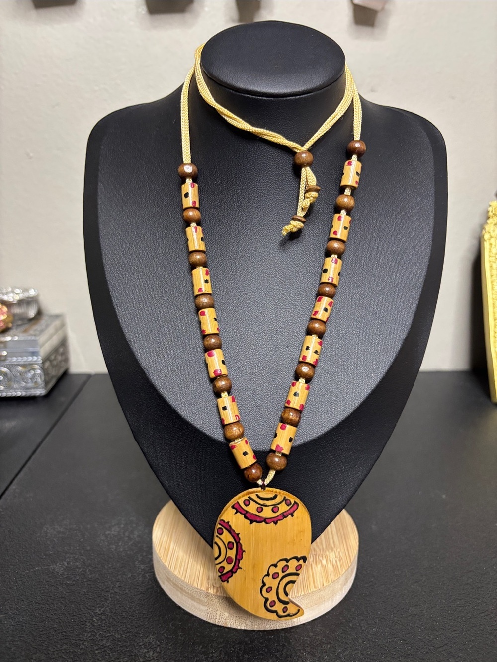 Handcrafted Boho Paisley Adjustable Painted Wood Pendant Necklace